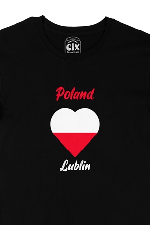 Lublin Polonya Bayraklı Kalpli Siyah Tişört