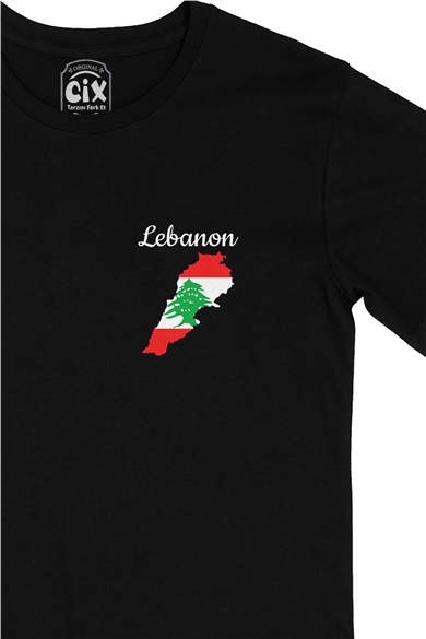 Lübnan Haritalı ve Bayraklı Cep Logo Tasarımlı Siyah Tişört