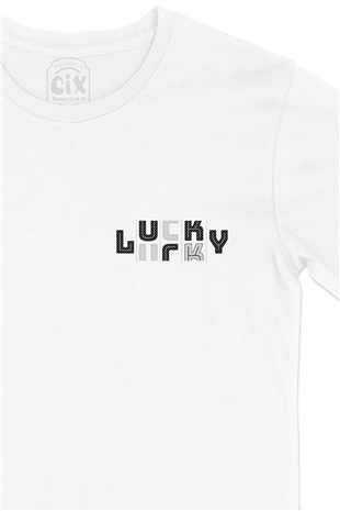 Lucky Şanslı Cep Logo Tasarımlı Beyaz Tişört