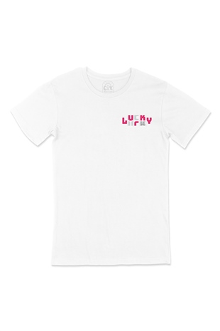 Lucky Şanslı Pembe Cep Logo Tasarımlı Beyaz Tişört