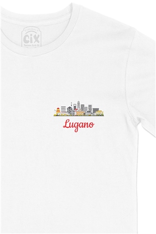 Lugano Manzaralı Cep Logo Tasarımlı Beyaz Tişört