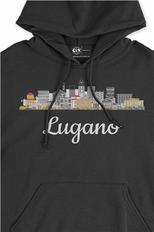 Lugano Manzaralı Siyah Sweatshirt Hoodie