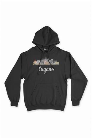 Lugano Manzaralı Siyah Sweatshirt Hoodie