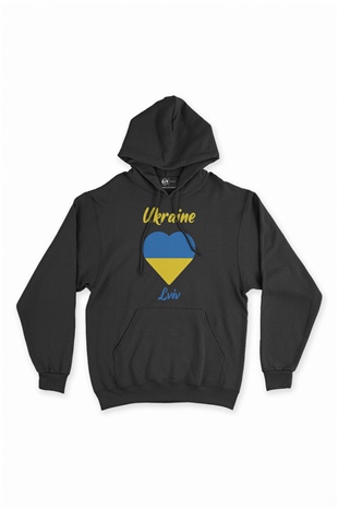 Lviv Ukrayna Bayraklı Kalpli Siyah Sweatshirt Hoodie