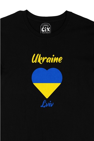 Lviv Ukrayna Bayraklı Kalpli Siyah Tişört