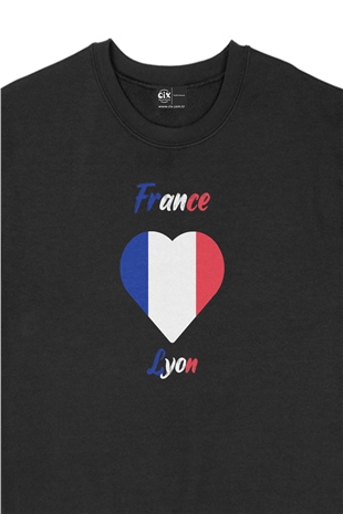 Lyon Fransa Bayraklı Kalpli Siyah Sweatshirt