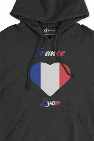 Lyon Fransa Bayraklı Kalpli Siyah Sweatshirt Hoodie