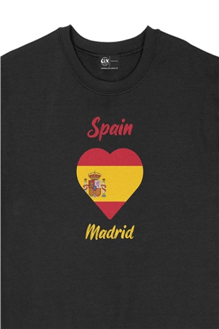 Madrid İspanya Bayraklı Kalpli Siyah Sweatshirt
