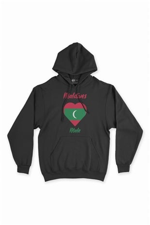 Male Maldivler Bayraklı Kalpli Siyah Sweatshirt Hoodie