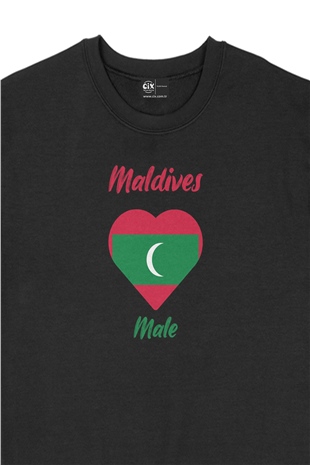 Male Maldivler Bayraklı Kalpli Siyah Sweatshirt