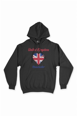 Manchester İngiltere Bayraklı Kalpli Siyah Sweatshirt Hoodie
