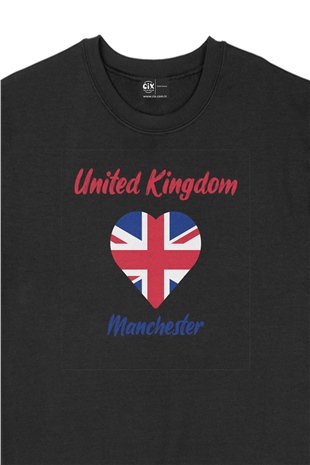 Manchester İngiltere Bayraklı Kalpli Siyah Sweatshirt