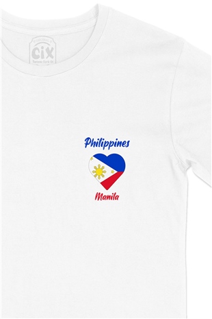 Manila Filipinler Bayraklı Kalpli Cep Logo Tasarımlı Beyaz Tişört