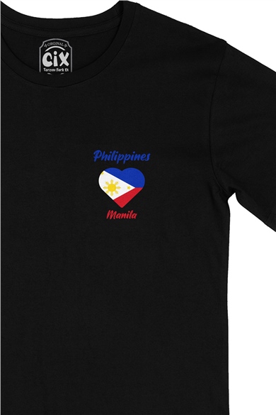 Manila Filipinler Bayraklı Kalpli Cep Logo Tasarımlı Siyah Tişört
