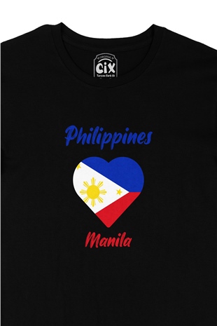 Manila Filipinler Bayraklı Kalpli Siyah Tişört