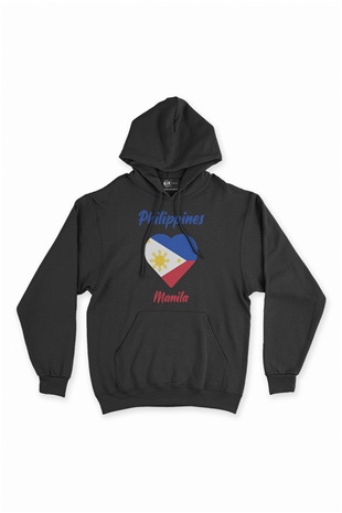 Manila Filipinler Bayraklı Kalpli Siyah Sweatshirt Hoodie