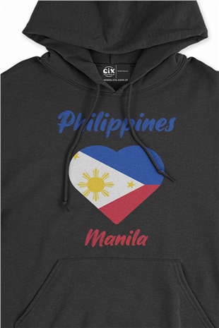 Manila Filipinler Bayraklı Kalpli Siyah Sweatshirt Hoodie