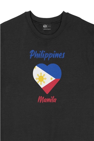 Manila Filipinler Bayraklı Kalpli Siyah Sweatshirt