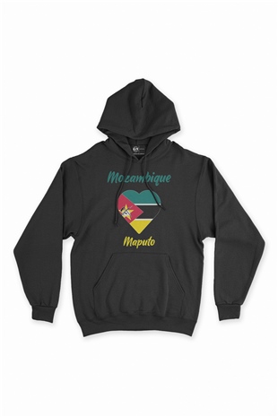 Maputo Mozambik Bayraklı Kalpli Siyah Sweatshirt Hoodie