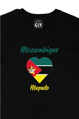 Maputo Mozambik Bayraklı Kalpli Siyah Tişört