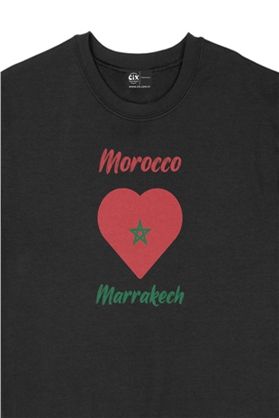 Marakeş Fas Bayraklı Kalpli Siyah Sweatshirt