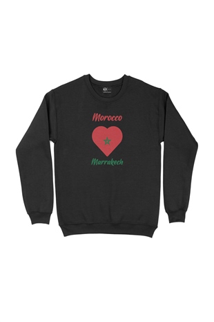 Marakeş Fas Bayraklı Kalpli Siyah Sweatshirt