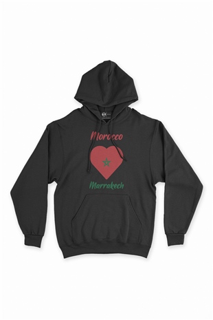 Marakeş Fas Bayraklı Kalpli Siyah Sweatshirt Hoodie