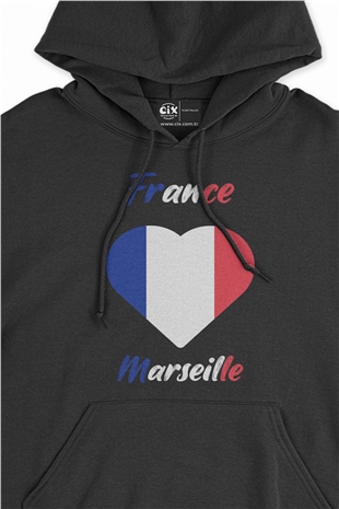Marsilya Fransa Bayraklı Kalpli Siyah Sweatshirt Hoodie