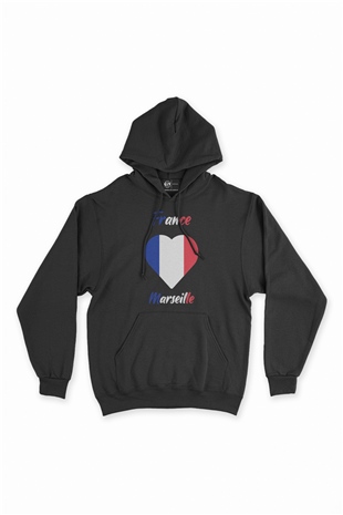 Marsilya Fransa Bayraklı Kalpli Siyah Sweatshirt Hoodie
