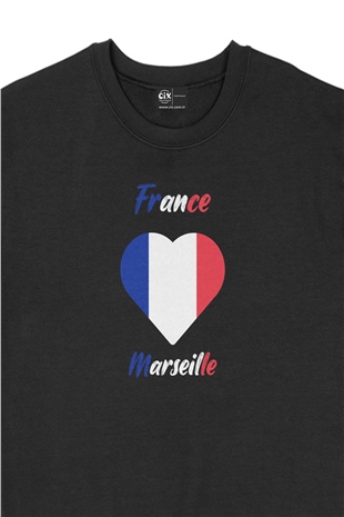 Marsilya Fransa Bayraklı Kalpli Siyah Sweatshirt