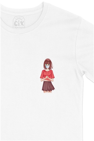 Maskeli Anime Kız Cep Logo Tasarımlı Beyaz Tişört