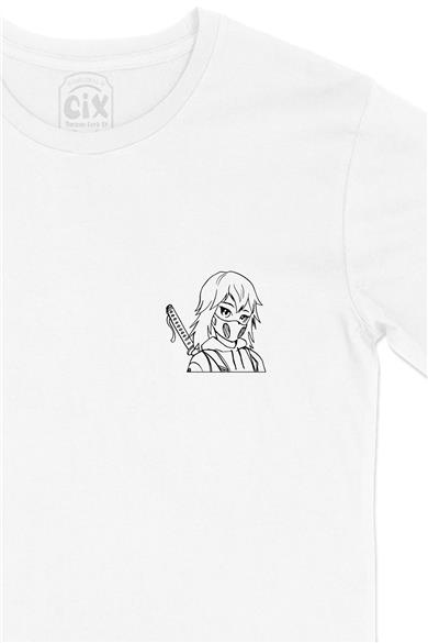 Maskeli Anime Kız Çizimli Cep Tasarım Baskılı Beyaz Tişört