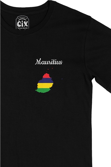 Mauritius Haritalı ve Bayraklı Cep Logo Tasarımlı Siyah Tişört