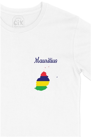Mauritius Haritalı ve Bayraklı Cep Logo Tasarımlı Beyaz Tişört