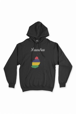 Mauritius Haritalı ve Bayraklı Siyah Kapşonlu Sweatshirt Hoodie