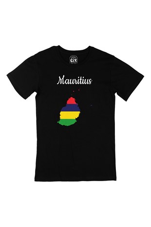 Mauritius Haritalı ve Bayraklı Siyah Tişört