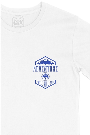 Mavi Adventure Will Kill You Cep Logo Tasarımlı Beyaz Tişört