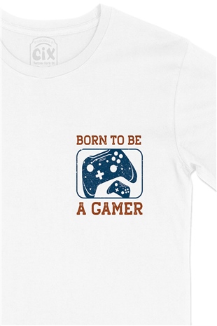 Mavi Born To Be A Gamer Cep Logo Tasarımlı Beyaz Tişört