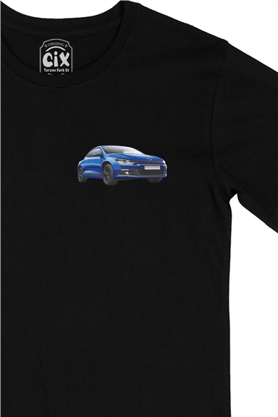 Mavi Coupe Araba Cep Logo Tasarımlı Siyah Tişört