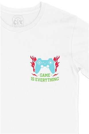 Mavi Game is Everything Cep Logo Tasarımlı Beyaz Tişört