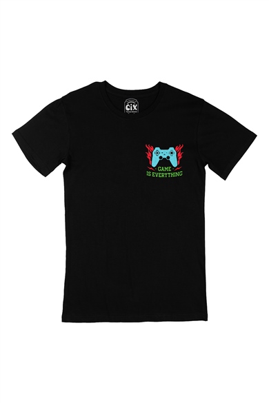 Mavi Game is Everything Cep Logo Tasarımlı Siyah Tişört