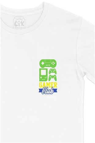 Mavi Gamer Club Cep Logo Tasarımlı Beyaz Tişört