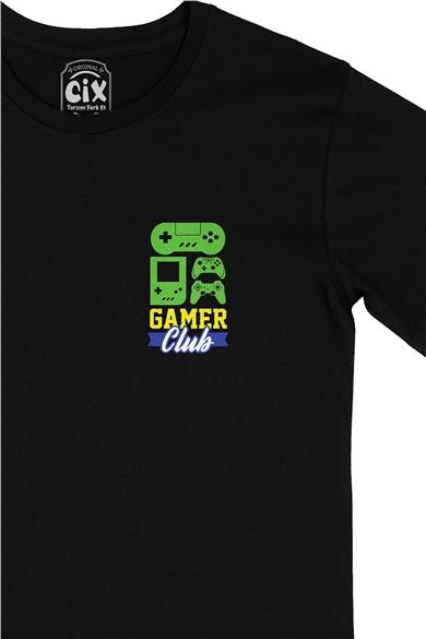 Mavi Gamer Club Cep Logo Tasarımlı Siyah Tişört