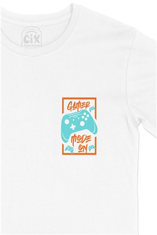 Mavi Gamer Mode On Cep Logo Tasarımlı Beyaz Tişört