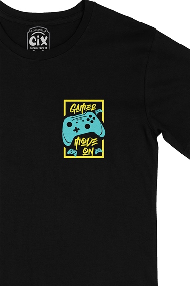 Mavi Gamer Mode On Cep Logo Tasarımlı Siyah Tişört