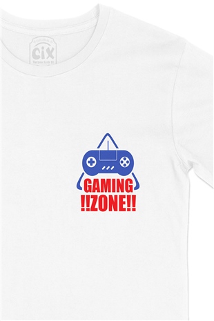 Mavi Gaming Zone Cep Logo Tasarımlı Beyaz Tişört
