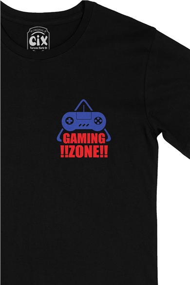 Mavi Gaming Zone Cep Logo Tasarımlı Siyah Tişört