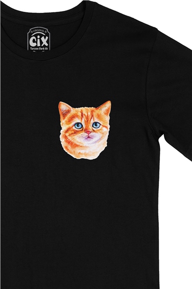 Mavi Gözlü Kedi Cep Logo Tasarımlı Siyah Tişört