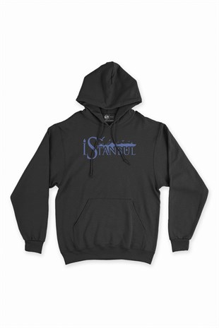 Mavi İstanbul Yazılı Siyah Kapşonlu Sweatshirt Hoodie