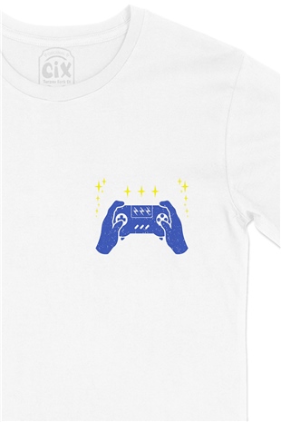 Mavi Joystick Cep Logo Tasarımlı Beyaz Tişört